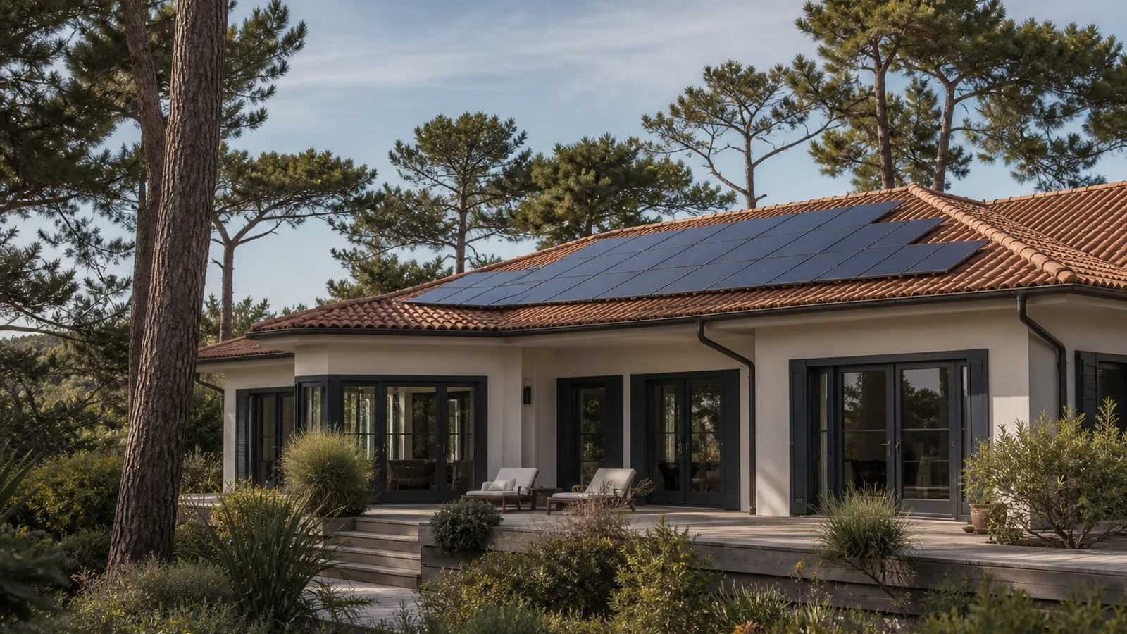 Toiture équipée de panneaux solaires dans le secteur de Bieujac