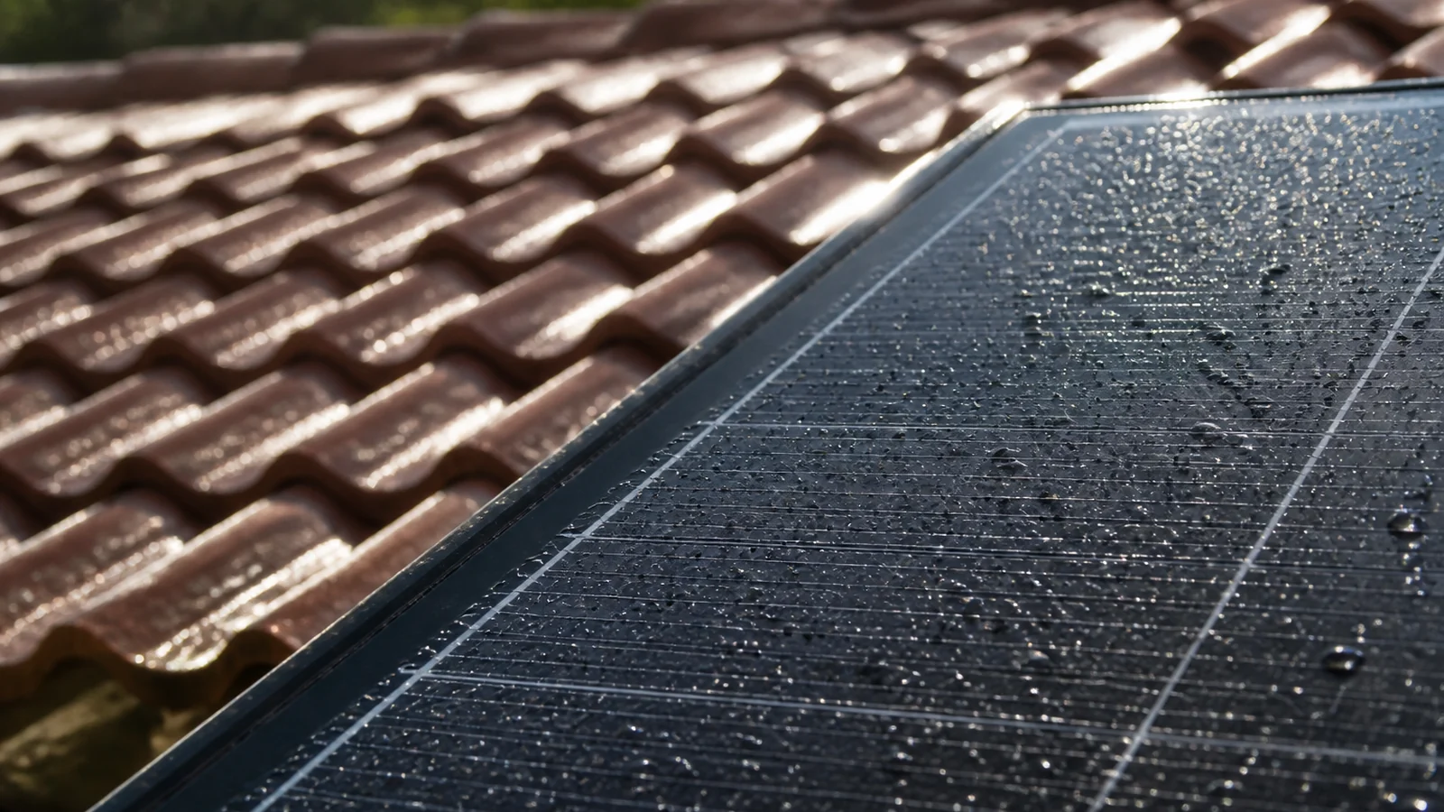 Pluie sur la surface de panneaux photovoltaïques