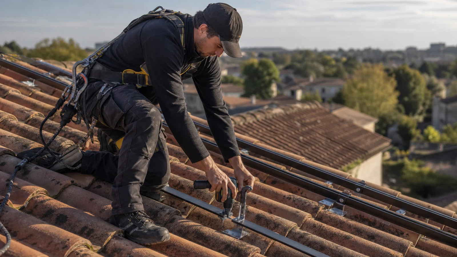 Installateur solaire sécurisé sur une toiture girondine